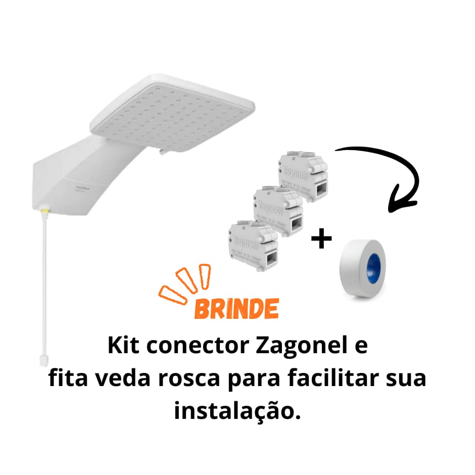 Ducha eletrônica Quadratta Branca 7700w 220v zagonel +BRINDE: kit conector e fita veda rosca