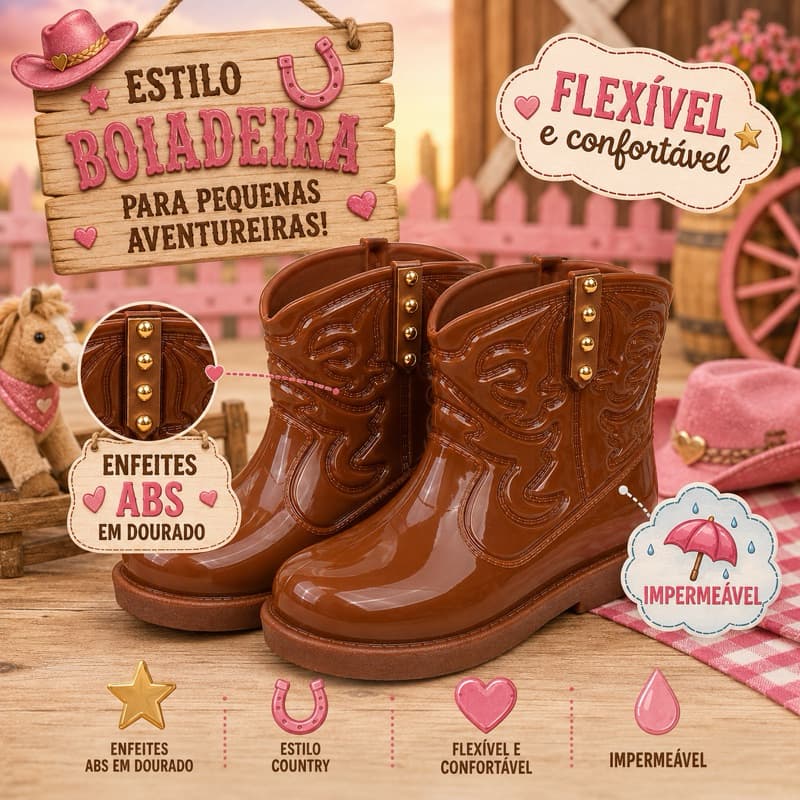 Bota Texana Enfeite ABS Dourado Boiadeira Infantil Menina Country Galocha Confortável Boiadeirinha