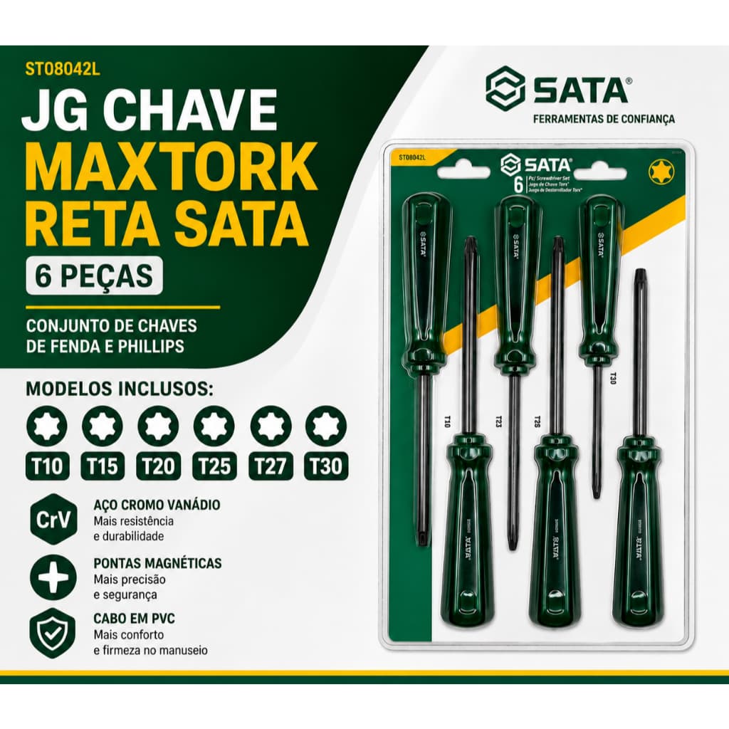 Jogo Chave Torx Com Cabo 6 Pecas Crv T10 a T30 Sata St08042L