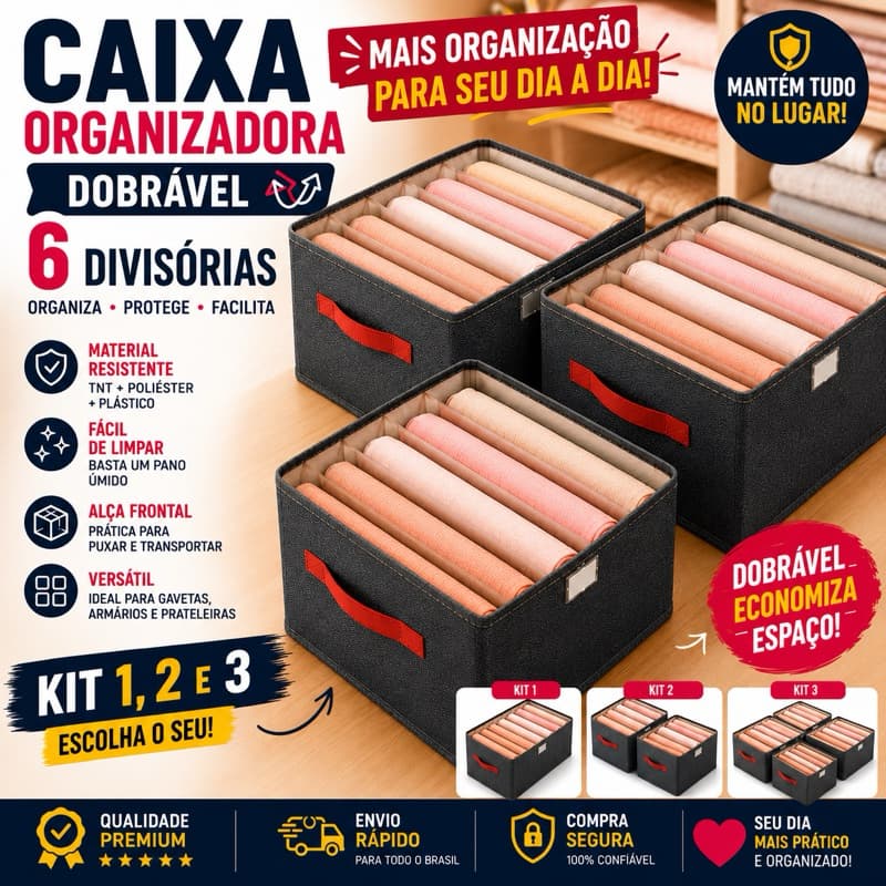 KIT Caixas Organizadoras 3 2 1 Unidades Resistentes Dobrável Roupas, Gavetas Organizadas