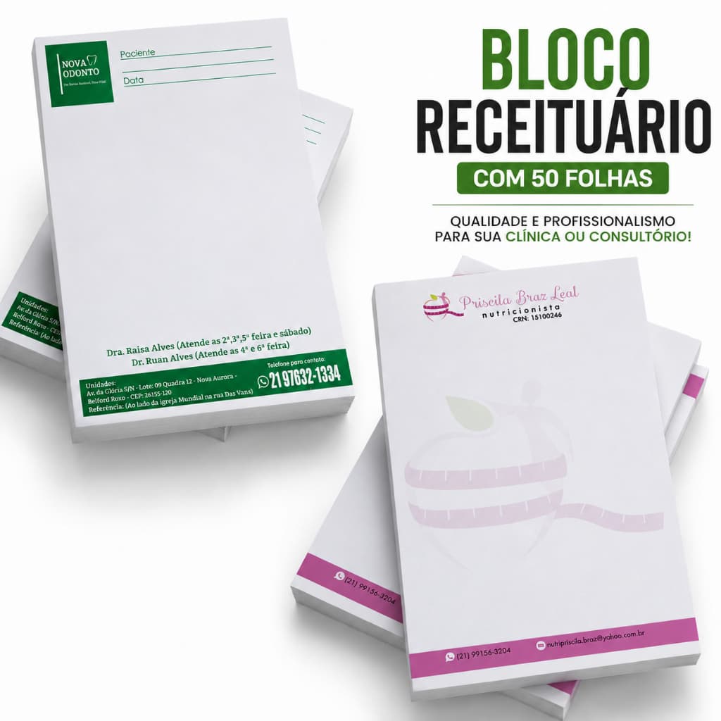 Bloco Receituário Personalizado 50 Folhas 75g Papelaria Controle Médico Dentista Nutricionista