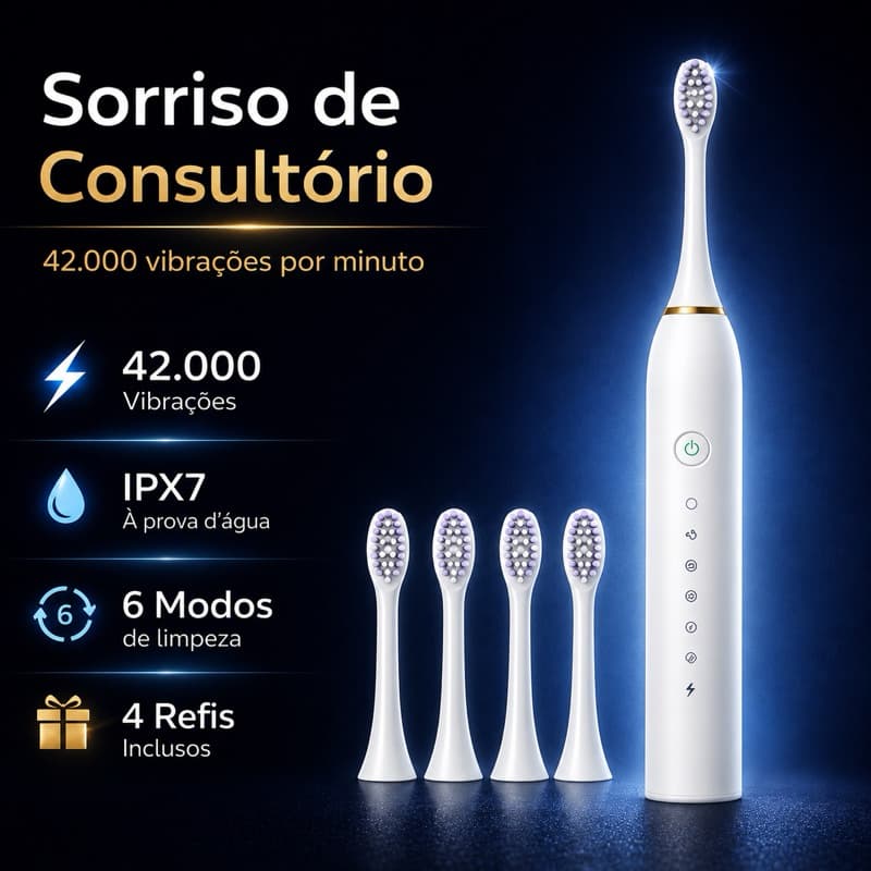 Escova Dental Elétrica Sônica Recarregável 42000 Vibrações IPX7 6 Modos + 4 Refis Branca