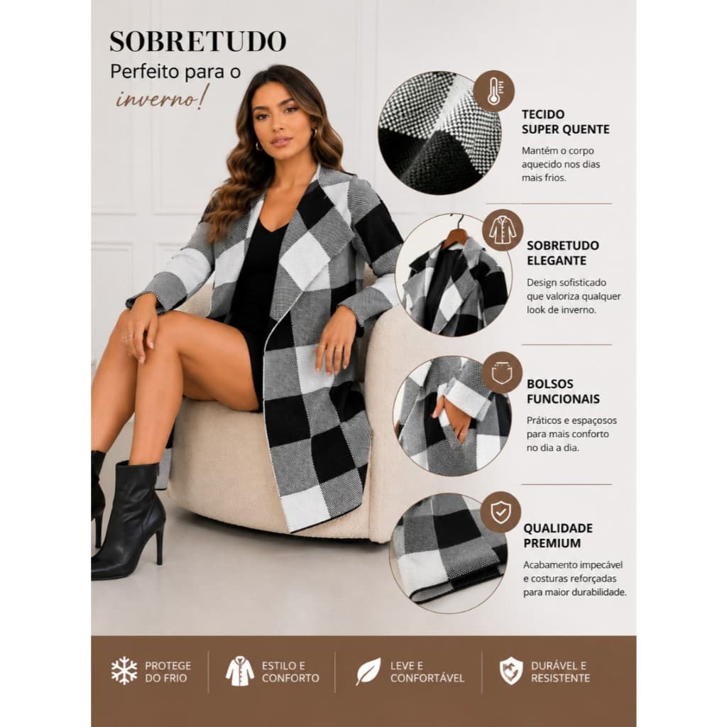 Casaco Feminino Xadrez Maxi Cardigan Kimono Moda Inverno Luxo