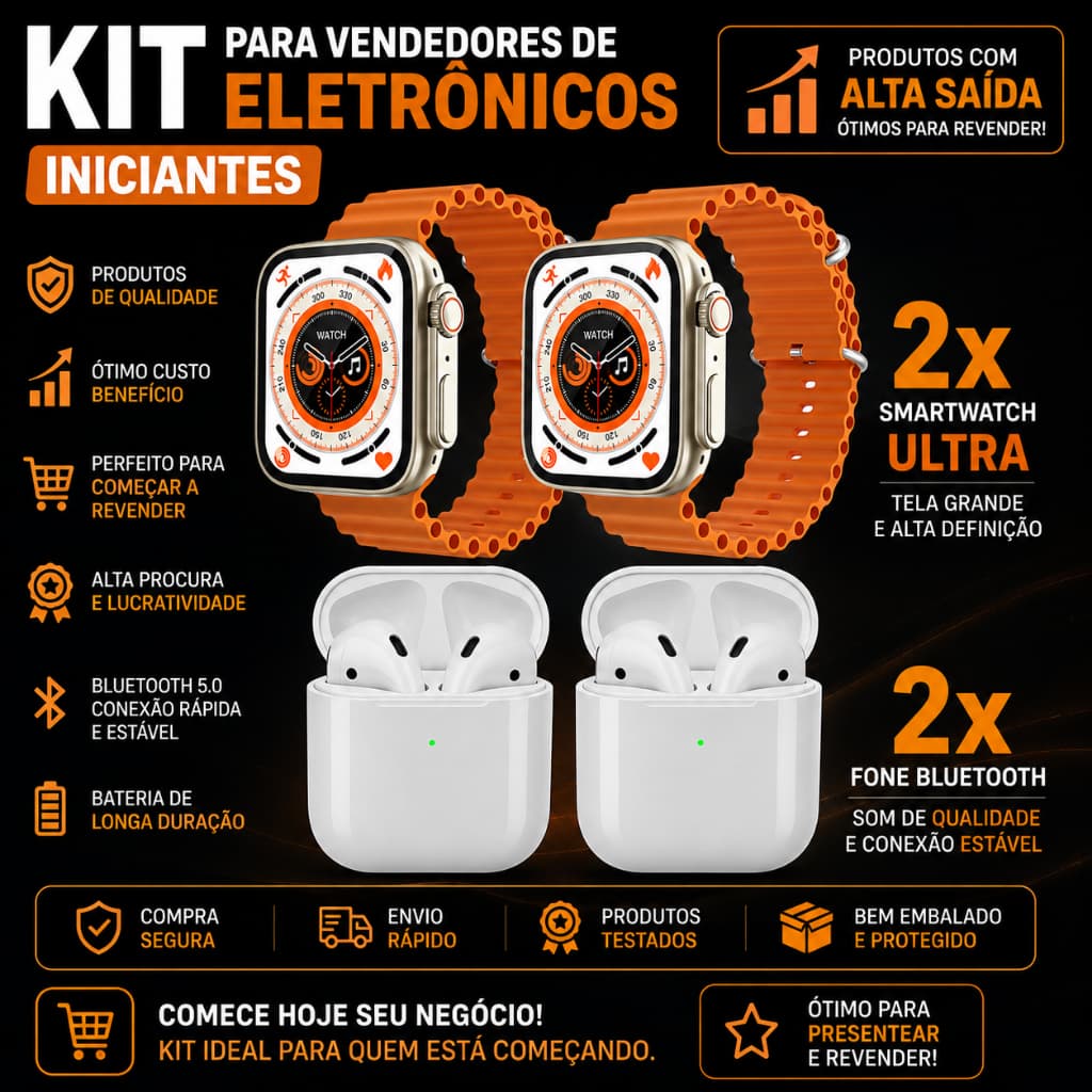 Kit Revenda Eletrônicos 2 Smartwatch + 2 Fones Bluetooth Sem Fio Para Vendedores Iniciantes Oferta