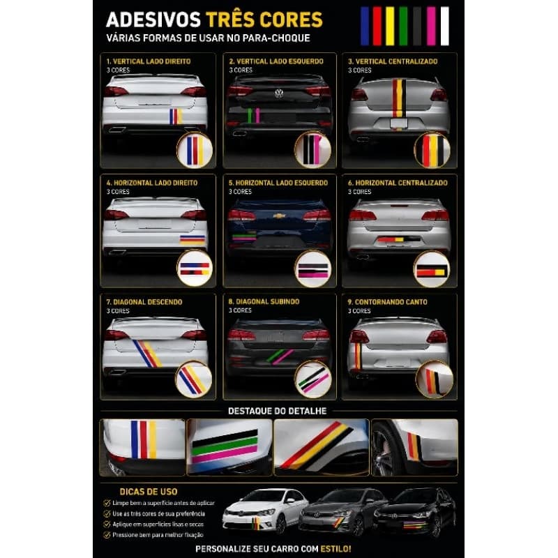 kit jogo com 3 faixas adesivas para grades retrovisor volante e rodas
