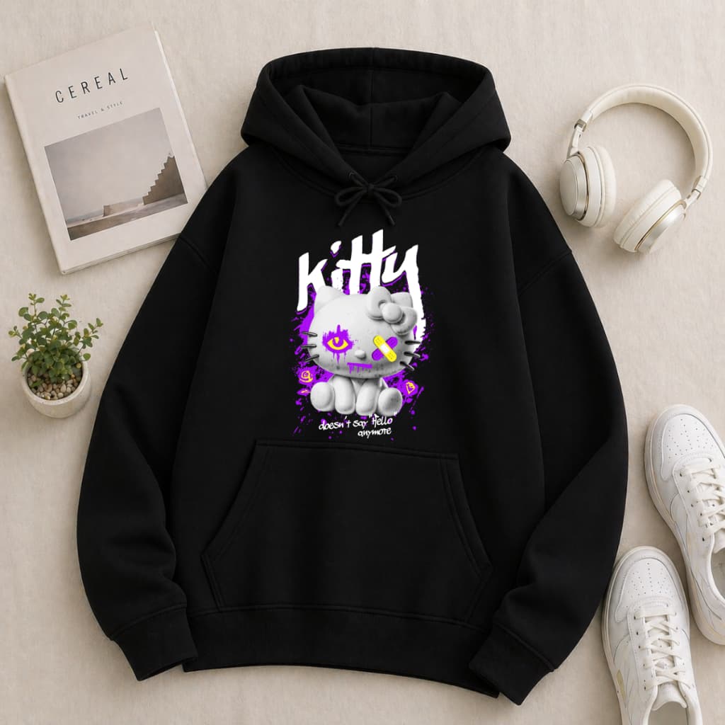 Blusa De Frio Moletom Feminino Canguru Casaco Blusão Estiloso Kitty Quente Flanelado Bolso Capuz