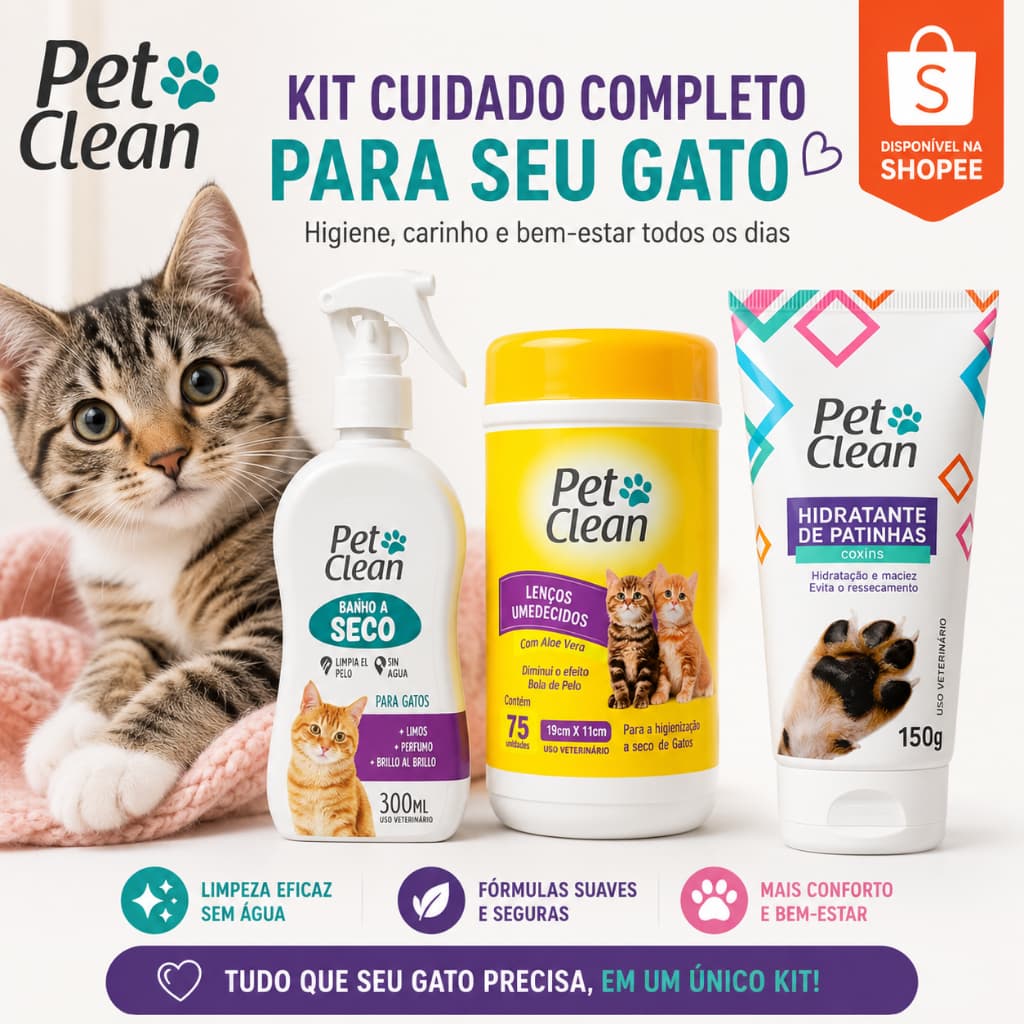 KIT HIGIENE GATO 3 EM 1 | Banho Seco+Lenço+Hidratante | Limpeza Sem Água e Proteção no Inverno