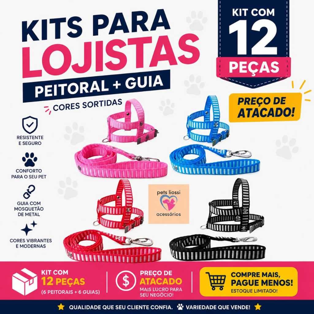 KIT12 PEÇAS COLEIRA PEITORAL + GUIA CÃES CACHORRO PORTE PEQUENO E GATOS DIRETO DE FABRICA PARA LOJAS