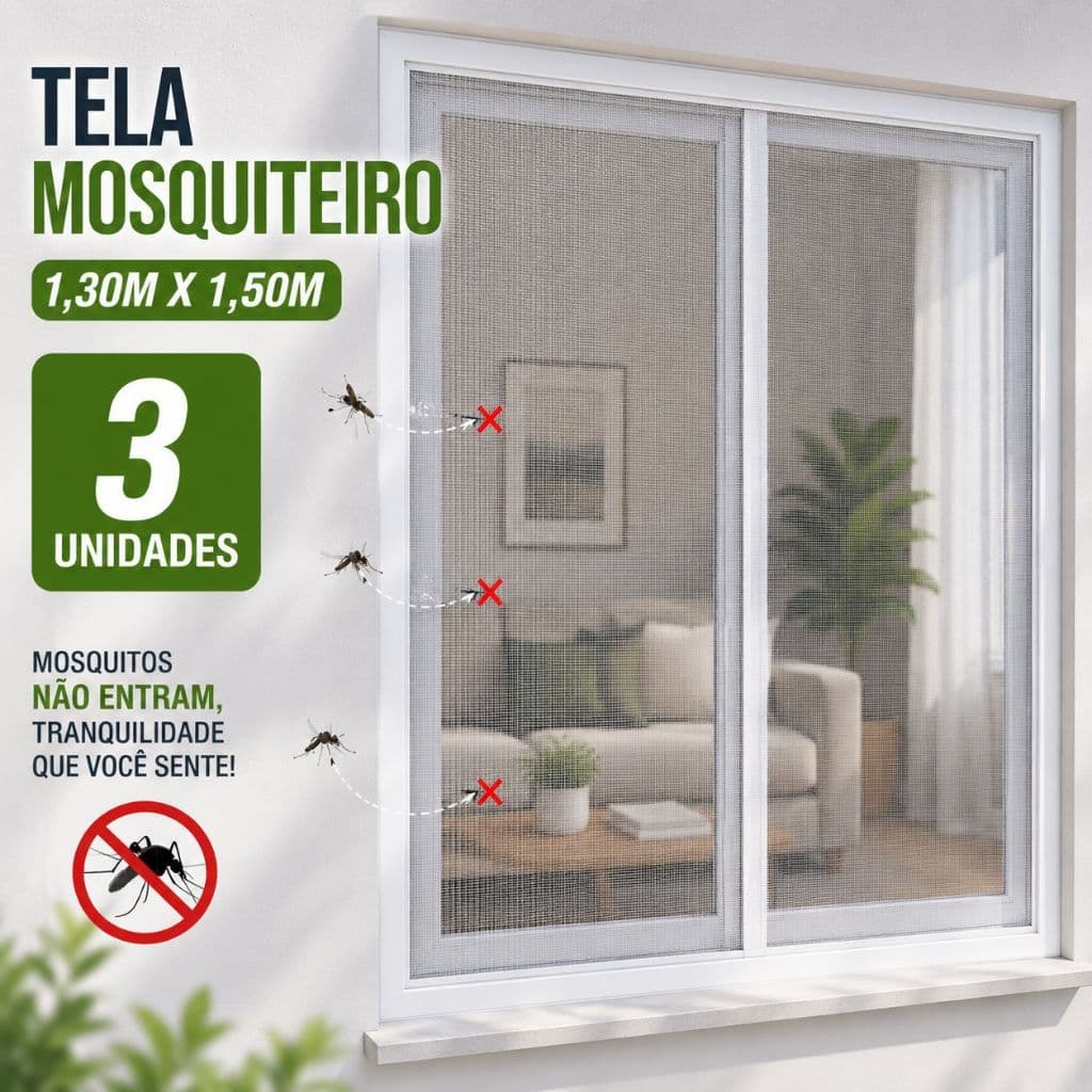 Tela mosquiteira 1,30m X 1,50m para janela fácil instalação mantém mosquitos longe resistente e prát