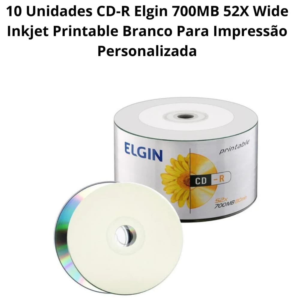 10 CD-R 700MB 52X Wide Inkjet Printable Elgin Branco Para Impressão