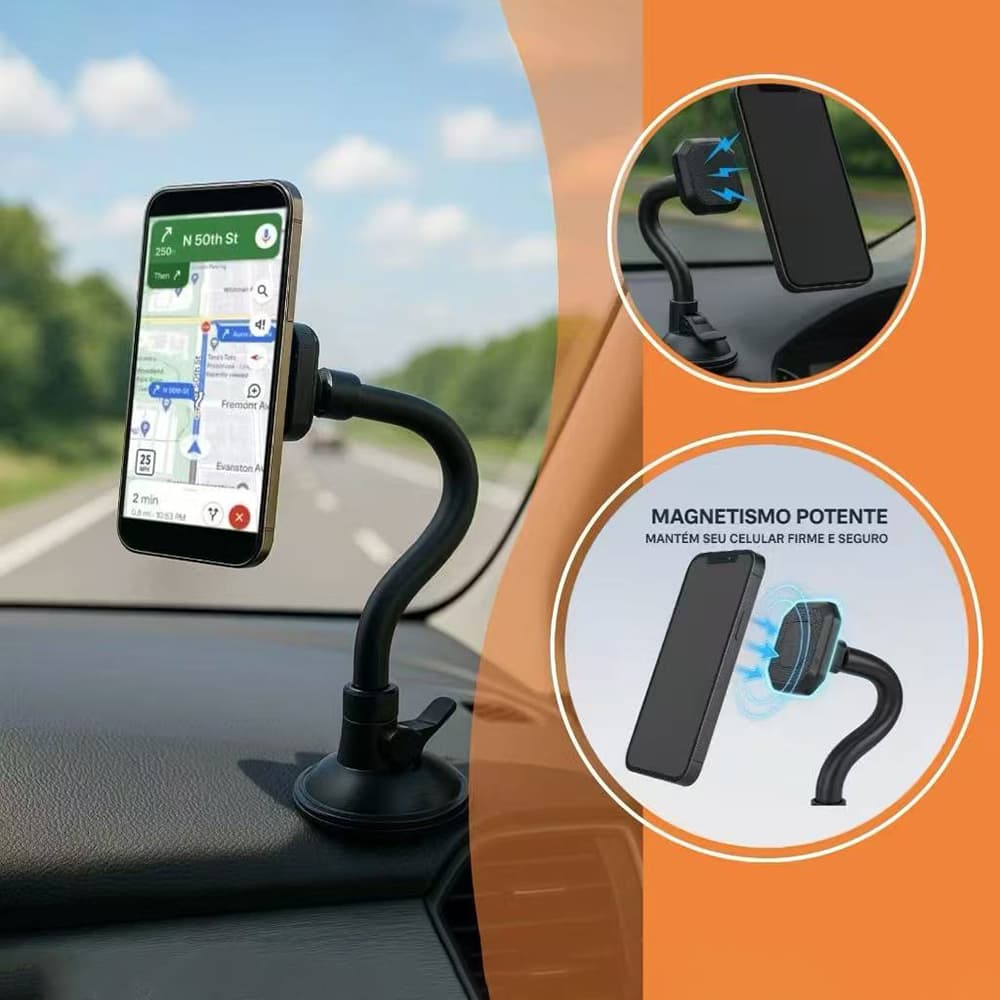 Suporte Magnético de Celular para Carro com Ventosa Forte, Flexível e Ajustável