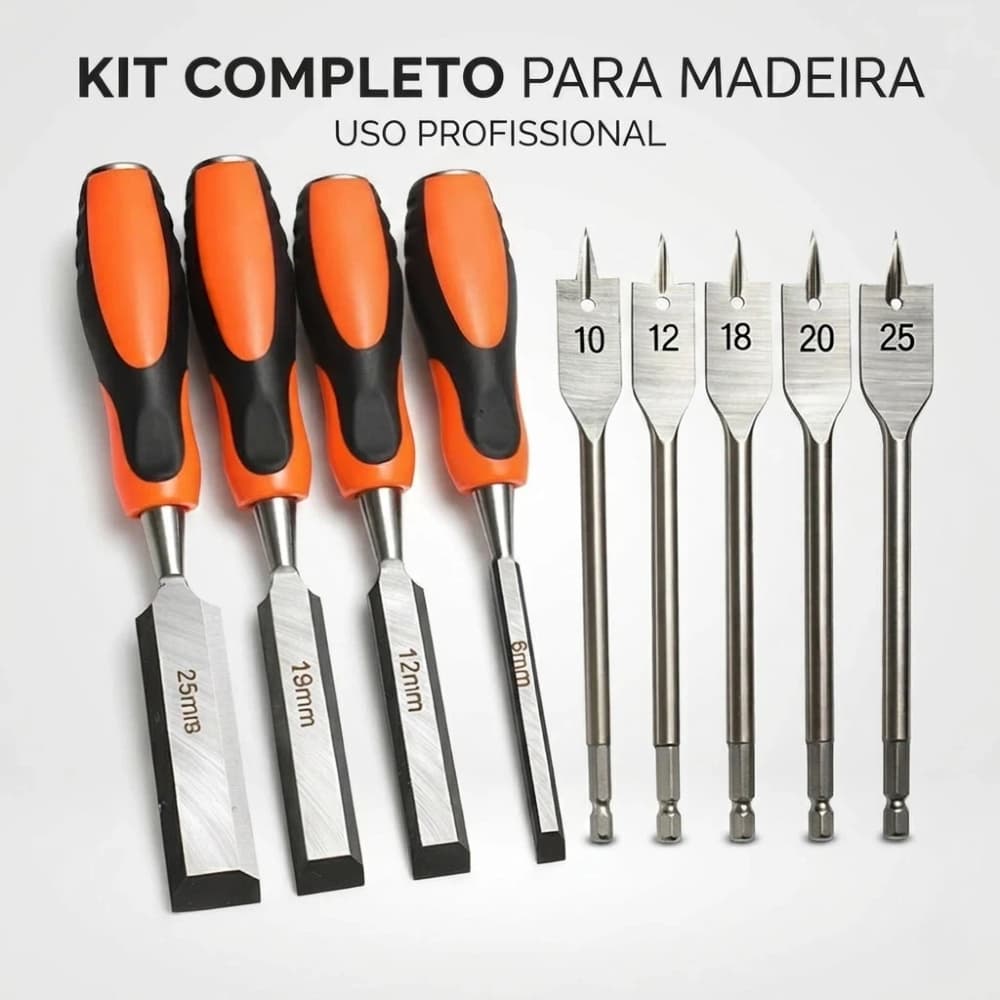 Kit 10 Peças Broca Chata para Madeira - Corte Longo, Aço Carbono, para Marcenaria Profissional