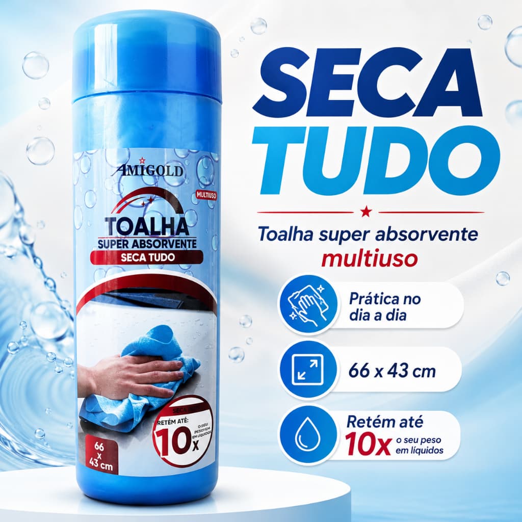 Toalha Super Absorvente Seca Tudo Multiuso 66x43cm para Limpeza