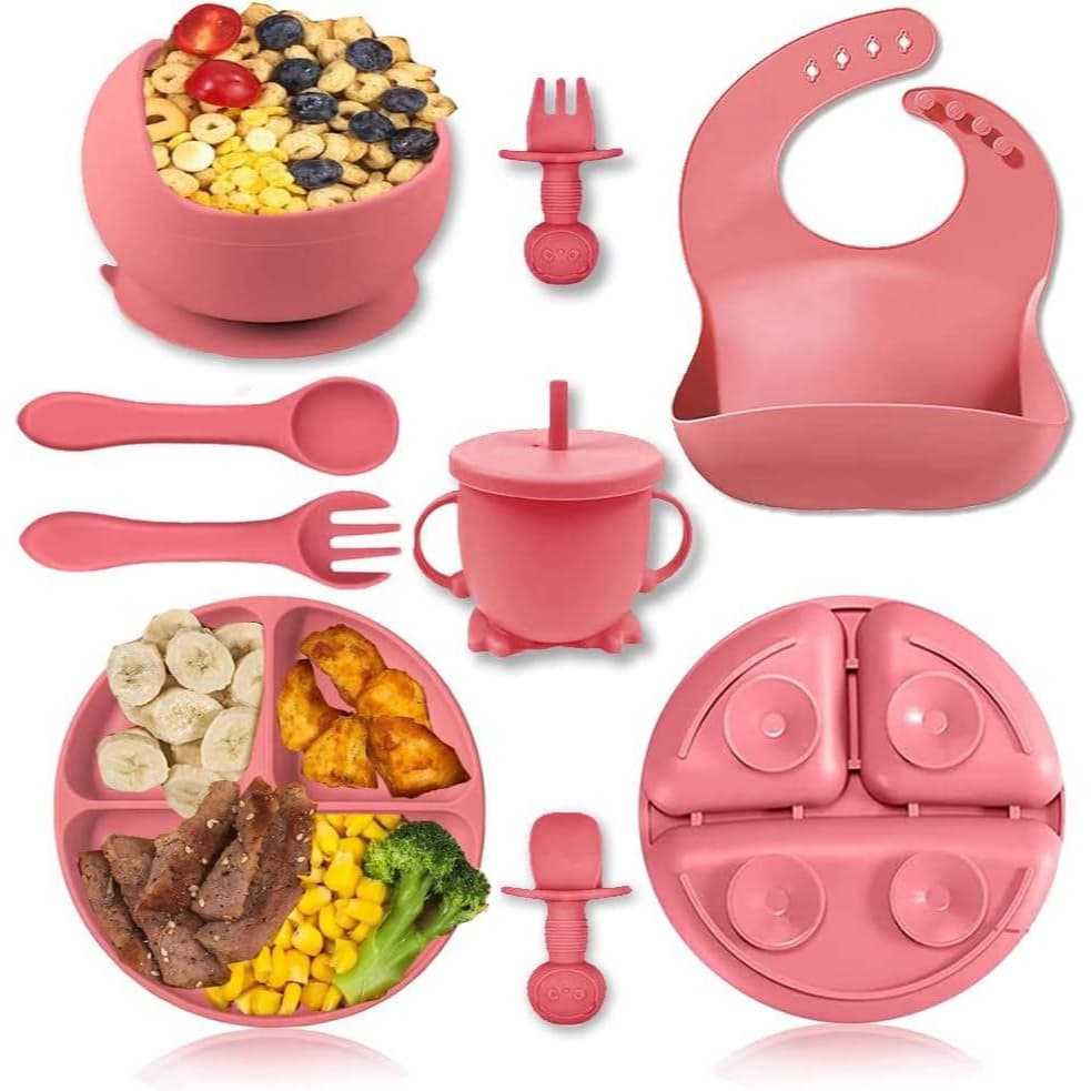 Talheres bebê silicone 8 Peças kit Talheres Infantil Com Ventosa Canudo Colher Babador Garfo Introdução Alimentar