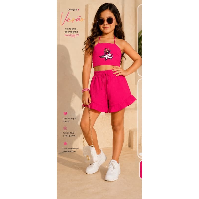 Conjunto Infantil Feminino  Blogueirinha Emilly Vick / Os Rosas Cropped e Short Rosa Pink