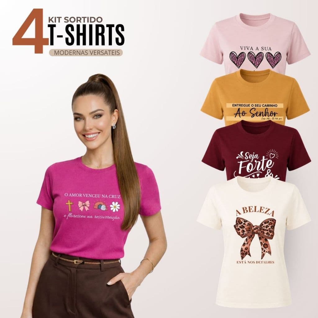 Kit 4 Blusa Feminina Baby Look Gola Redonda Manga Curta 100% Algodão