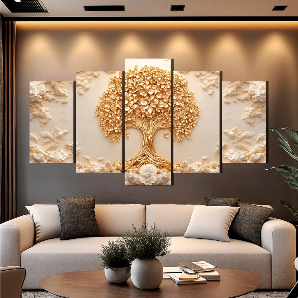 Quadro Decorativo Arvore da Vida Moderna Dourada Mosaico 5 Peças 132x60