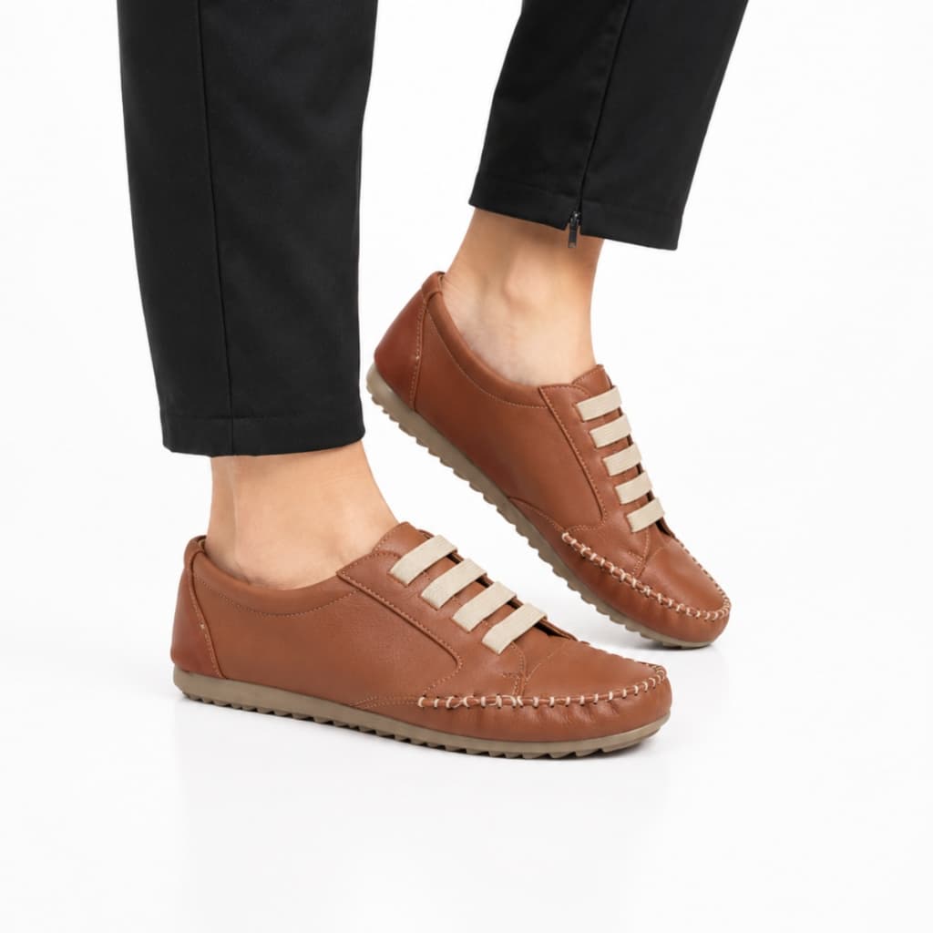 Tênis Feminino Couro Casual Confortável Cadarço Elástico Calce Fácil Preto Marrom