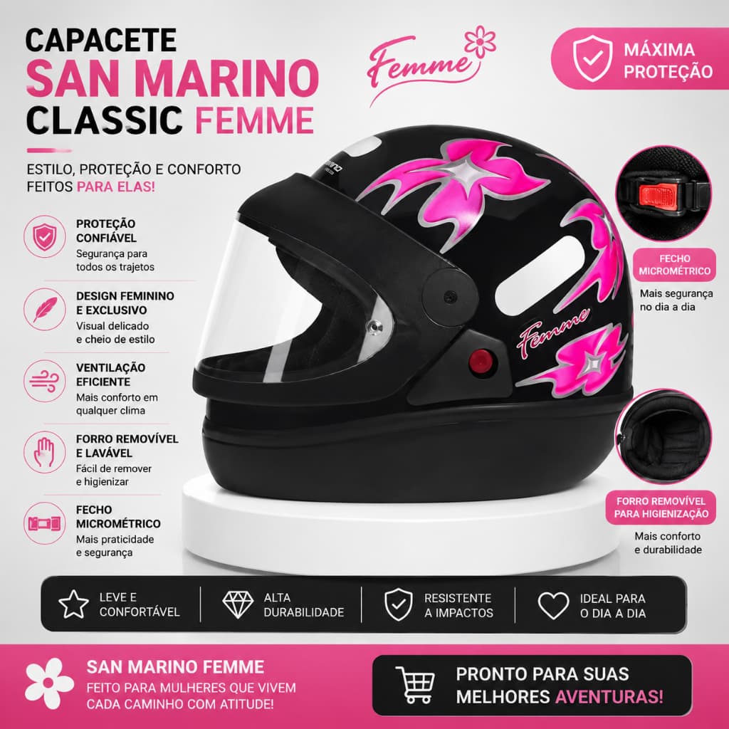 Capacete fechado automatico San Marino Taurus preto flor rosa classic inmetro original