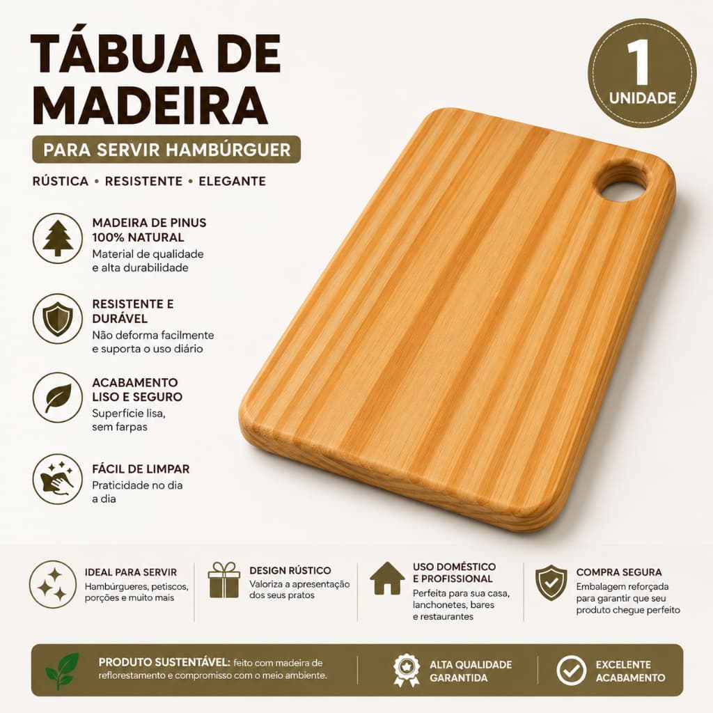 Tábua Para Servir Alimentos Madeira Alta Qualidade e Acabamento Pinus Reforçado