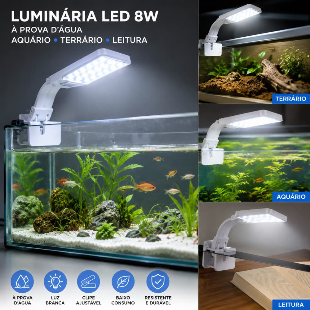 LUMINÁRIA COM LED BRANCO PARA AQUÁRIO E TERRÁRIO DE 8W BIVOLT - COM CLIP - KINTONS