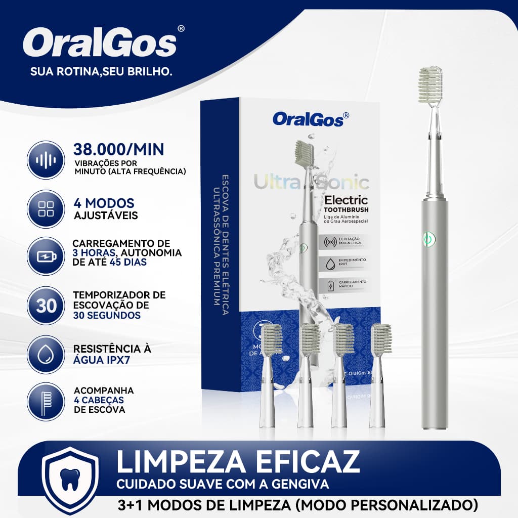OralGos Escova Elétrica Sonic  - 3 Modos + Timer Inteligente, 45 Dias de Bateria