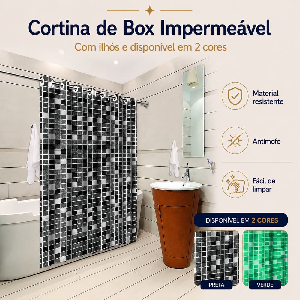 Cortina Box Banheiro com Ilhós, Pastilha Chuveiro PVC Impermeável 138x198 Antimofo Preto e Verde