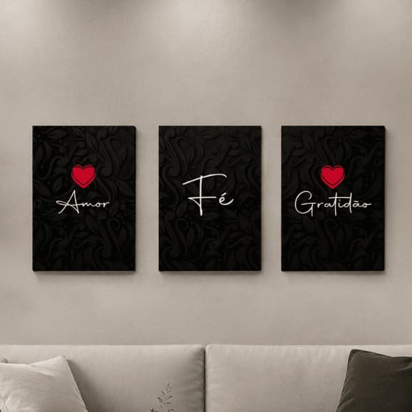 Kit 3 Quadros Decorativos Frases Motivacionais Amor Fé Gratidão Alta Qualidade Escritório Sala Quarto Varios modelos