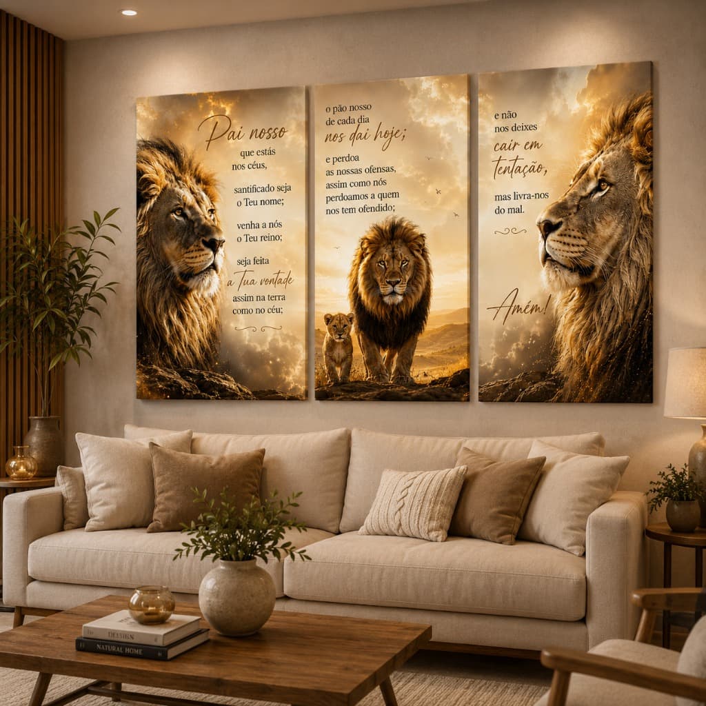 Kit 3 Quadros Leão Pai Nosso Decorativo Religioso Moderno