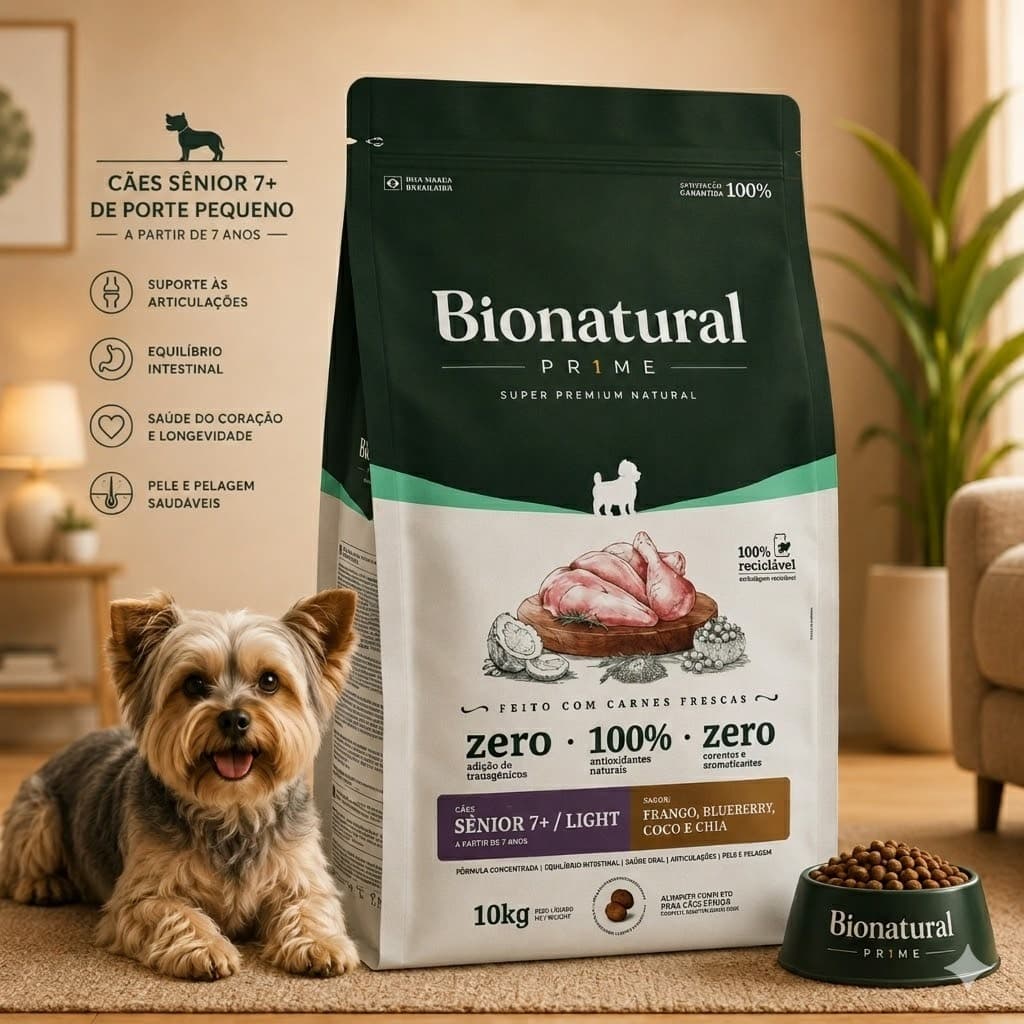 Ração Bionatural Prime Caes Senior Porte Pequeno Racas Pequenas Sabor Frango Blueberry Coco 10.1kg
