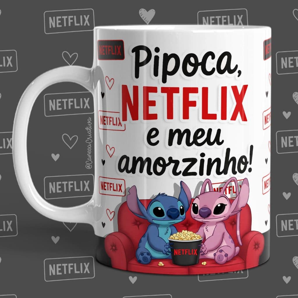 Caneca Xicara Copo Feliz Dia Dos Namorados Porcelana Lilo E & Stitch Disne Pipoca NetF E Meu Amorzinho