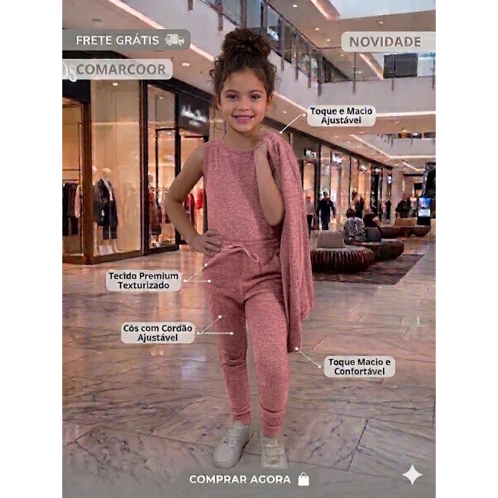 Conjunto inverno Infantil minina 3 Peças tecido lanzinha – Cardigan + Blusa Regata + Calça Confortável (4 a 10anos)