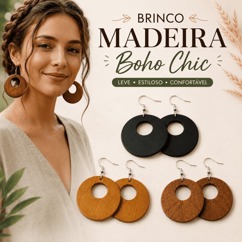 Brinco Feminino Madeira Natural leve Boho Chic | Design Moderno | tendência 2026