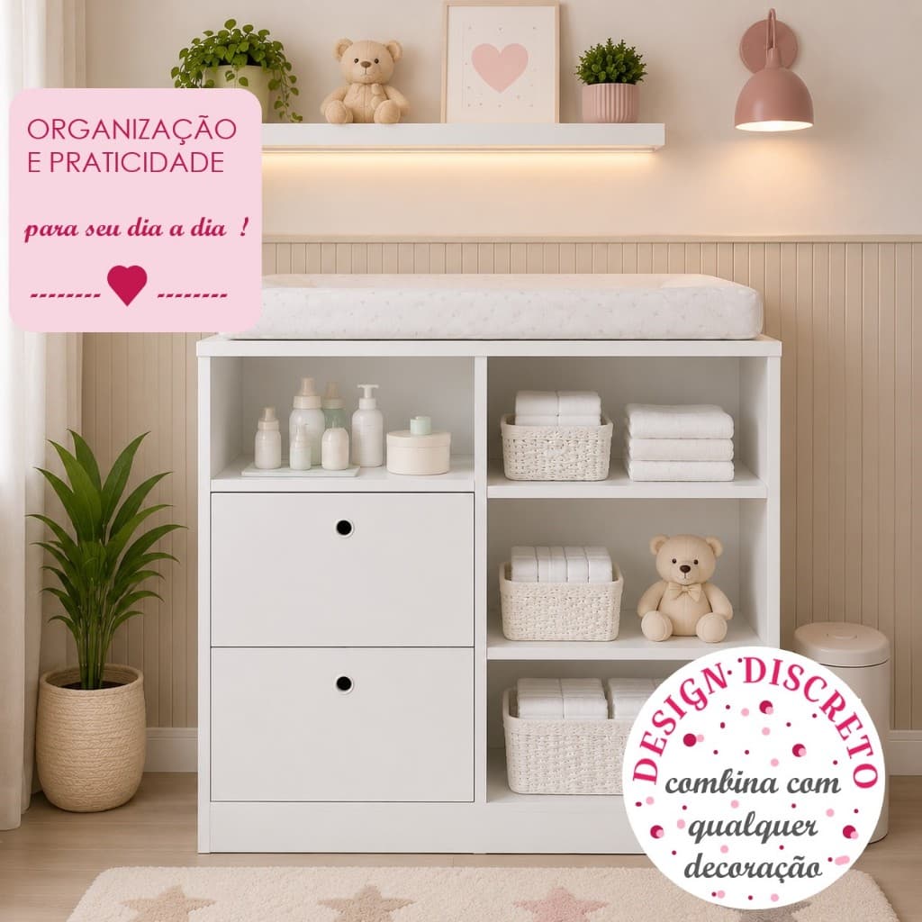 Cômoda Trocador Bebê Branco Com Nichos Organizador Infantil Moderno