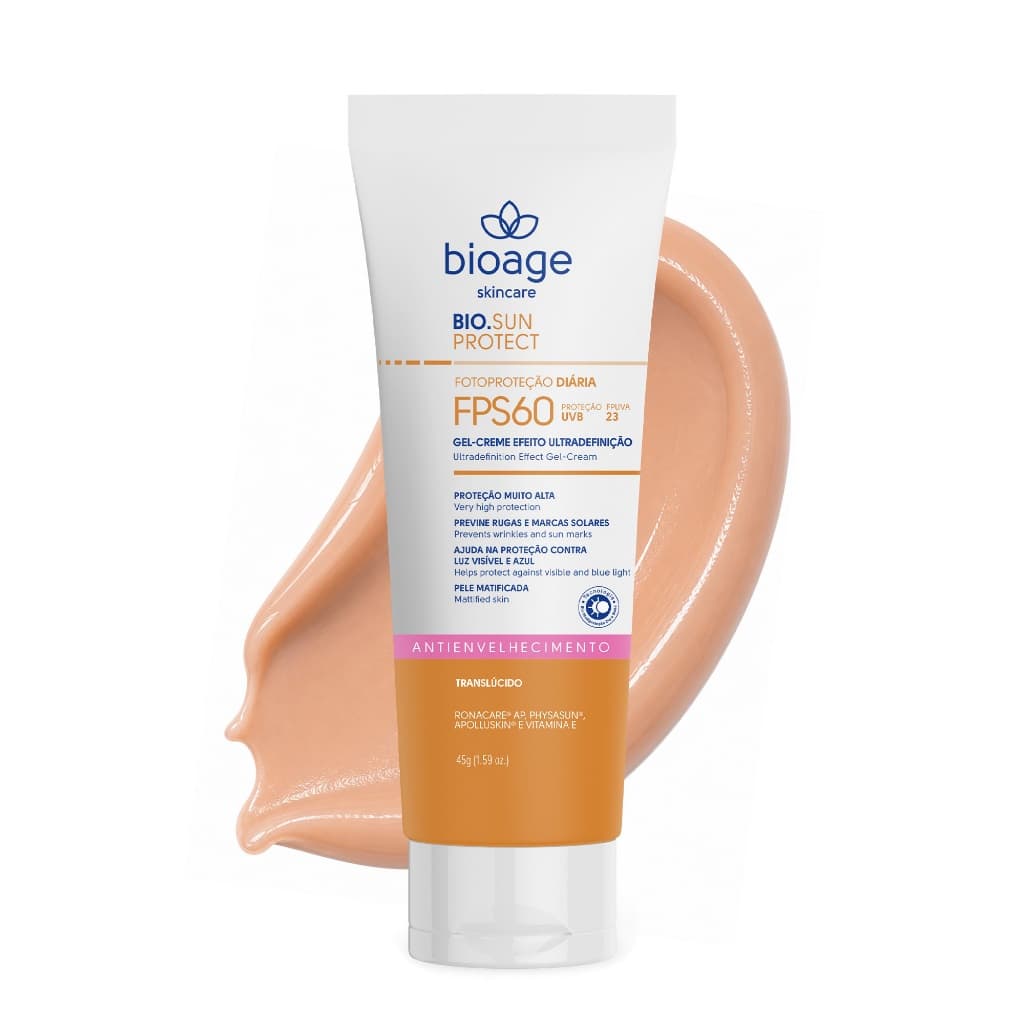 Bioage Protetor Solar Facial Gel-Creme FPS60 Antienvelhecimento Translúcido 45g