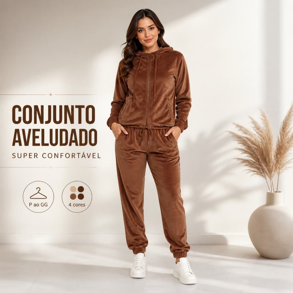 Conjunto Feminino Plush Veludo de Luxo com Capuz Confortável Frio Intenso