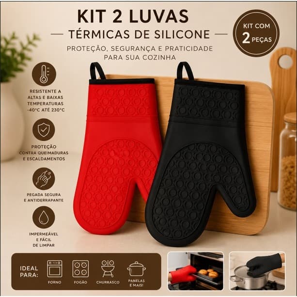 Kit Luva Térmica De Forno E Fogão Para Cozinha Em Silicone