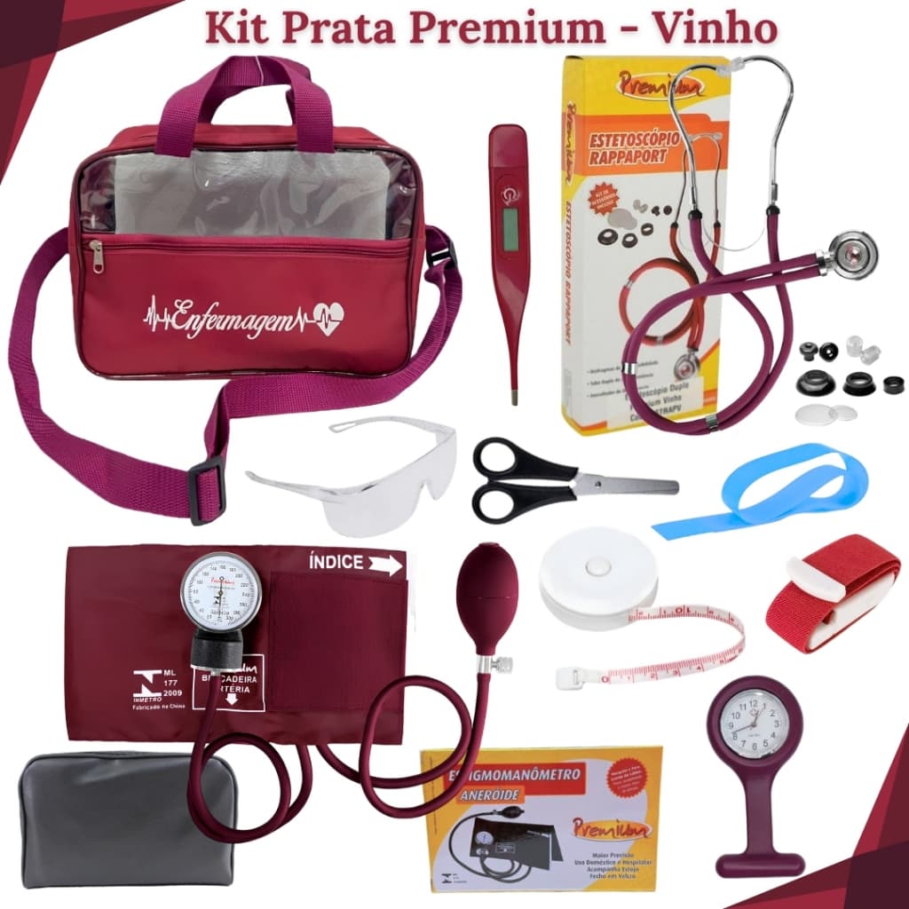 Kit Material de Bolso Completo de Enfermagem Prata para Estágio com Relógio de Lapela