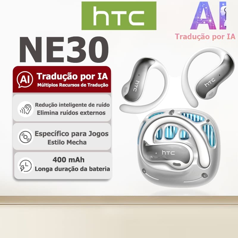 Fone TWS HTC NE30 com tradução por IA e tradução em tempo real, Bluetooth 5.4, qualidade de som HiFi e resistência à águ