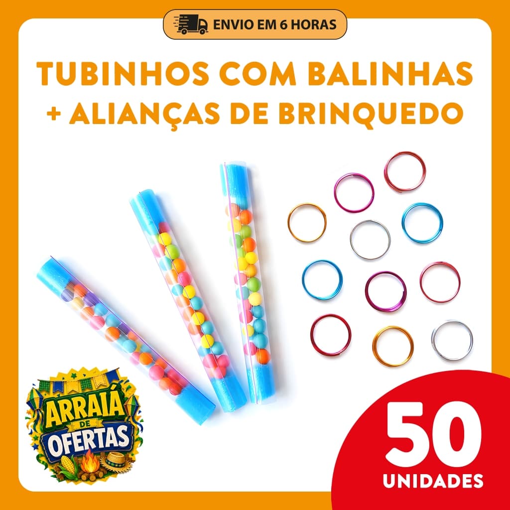Kit 50 Tubinhos com Balinha e Alianças - Prenda Festa Junina Lembrancinha Brindes Festa Aniversário