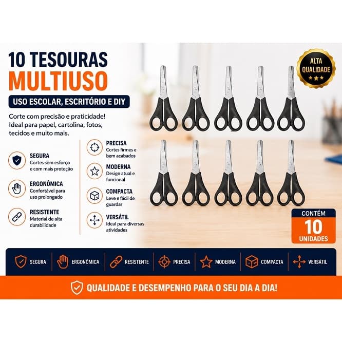 Kit com 10 Tesouras Sem Ponta 13cm Aço Inox Corte Reto Preto Resistentes, Papelaria e Escritório