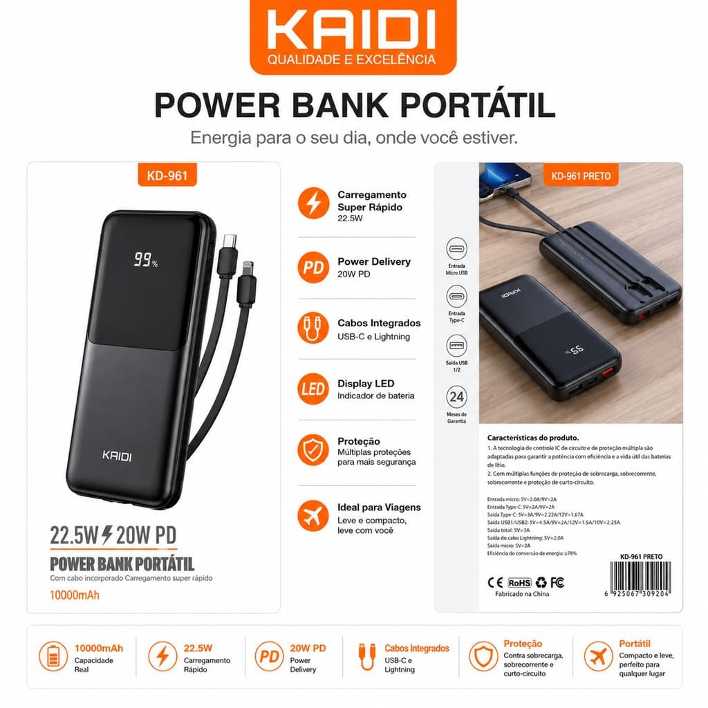 10000mAh Bateria Portátil Power Bank com 2 cabos incorporado Carga rápida KAIDI KD-961