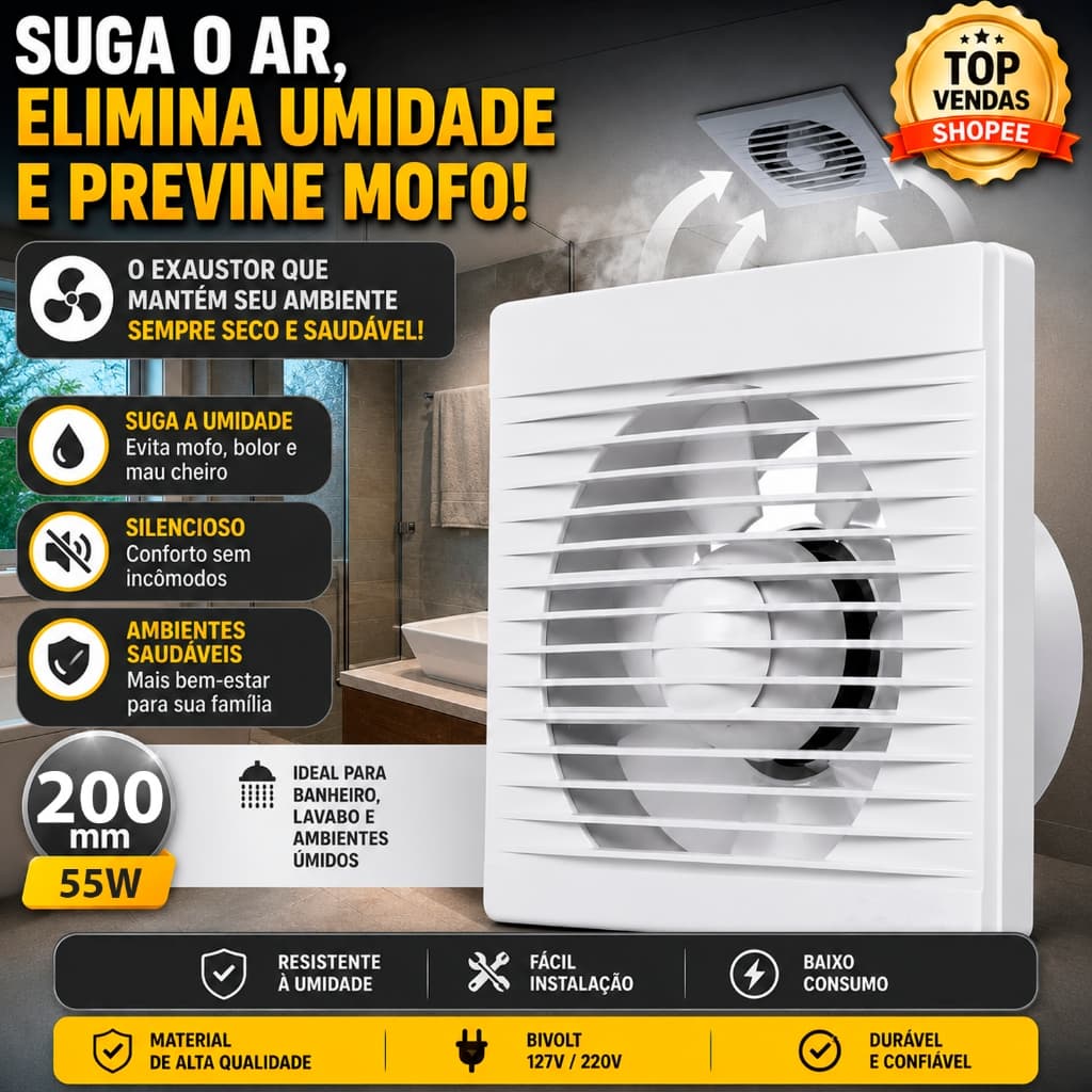 Exaustor Para Banheiro 200mm Silencioso Ventilador Axial Bivolt Anti Umidade Cheiro e Odor