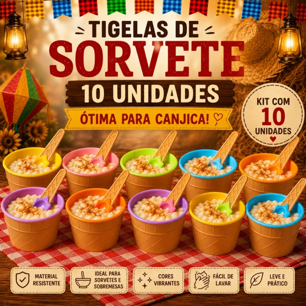 Kit Pote Sorvete Casquinha com Colher 3/5/10 Unidades Colorido Sobremesa