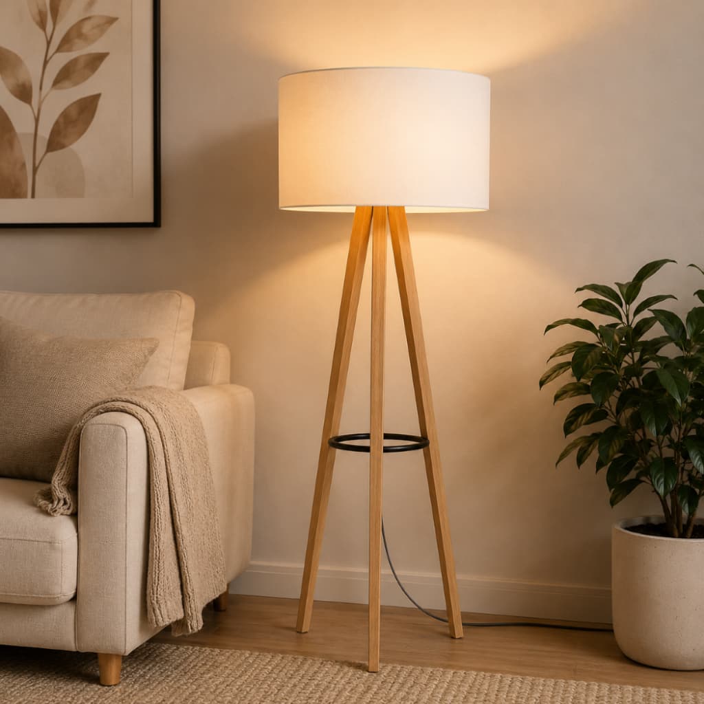 Luminária Alta de Chão Dubai – Design Tripé Madeira com Cúpula Off White