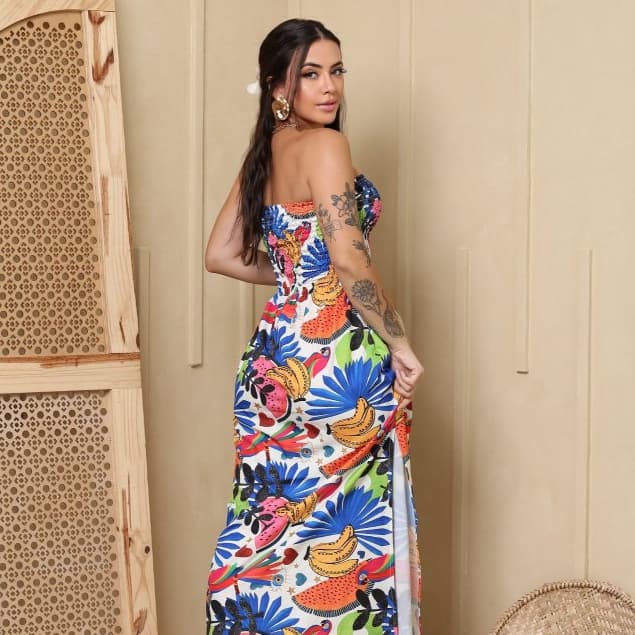 Vestido Longo Feminino Tomara Que Caia Lastex Floral Verão Trend
