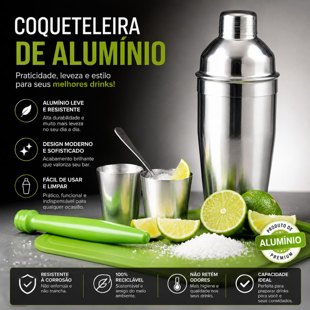 Kit Caipirinha Coqueteleira Profissional Bartender Premium Completo Tabua Socador Dosador Drinks