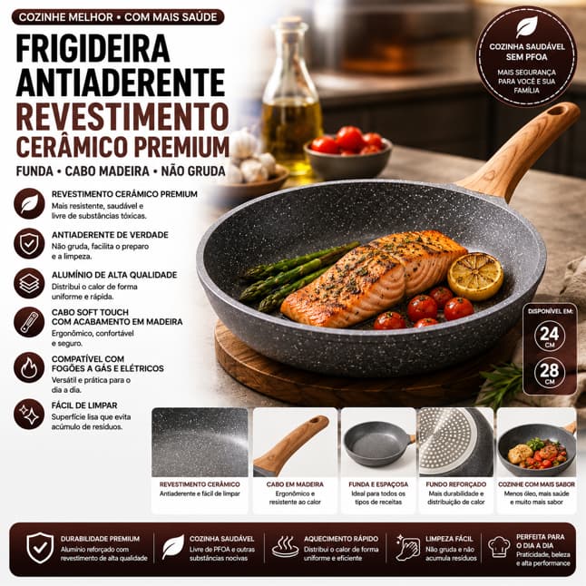 Frigideira Ceramica Antiaderente Fogão Cooktop Indução E Gás 24/28CM, universal na cozinha APOAPP