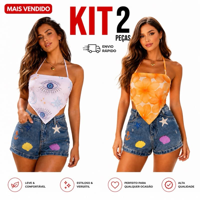 Kit 2 Cropped Feminino Tendência, Cropped lenço tendência estampas tropical sublimadas cropped bandanda, alcinha