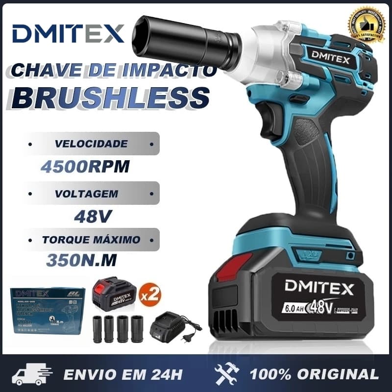 Chave de Impacto Elétrica Sem Fio 48V com Motor Brushless e 2 Baterias 4 Peças de Soquetes